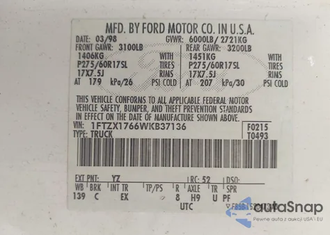 1998 Ford F-150 Lariat/Standard/Xl/Xlt from USA, damaged, VIN 1FTZX1766WKB37136